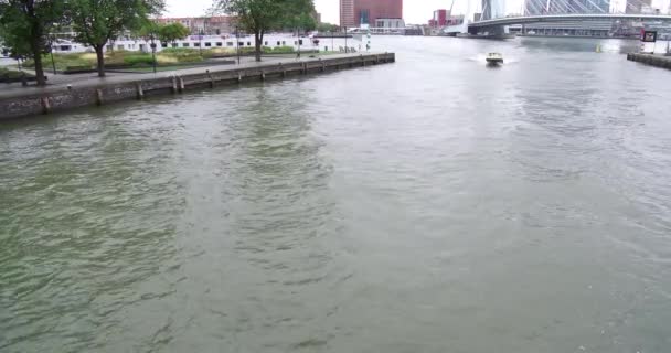 Canal River View Rotterdam Ολλανδία Εικονική Γέφυρα Καταπληκτικές Βάρκες Σκηνή — Αρχείο Βίντεο