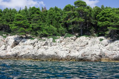 Dubrovnik deniz manzarası uçurum ve kayalıklarla okyanusun ortasından kayalara su sıçrıyor.