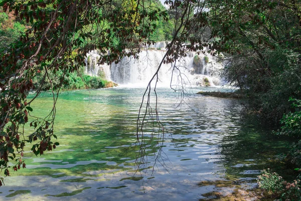 克罗地亚 克尔卡国家公园瀑布 阳光灿烂的日子 绿树成荫的夏季 — 图库照片