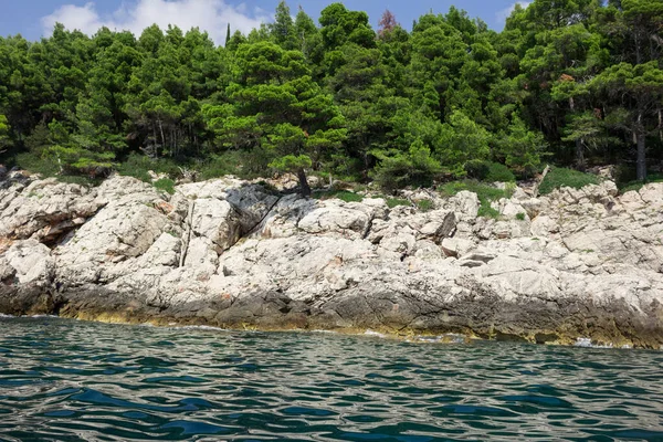 Dubrovnik Havsutsikt Med Klippan Och Stenar Havsvatten Stänk Klipporna Utsikt — Stockfoto