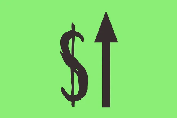 De groei van de dollar wordt weergegeven in de afbeelding met een pijl omhoog op een groene achtergrond in close-up. — Stockfoto