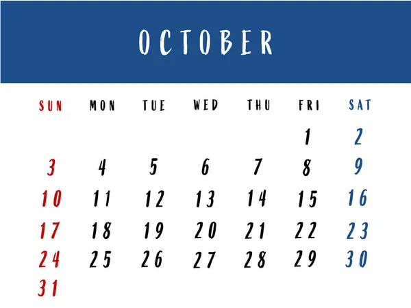 Kalender für Oktober 2021. Europäischer Kalender für Oktober. Illustration. — Stockfoto