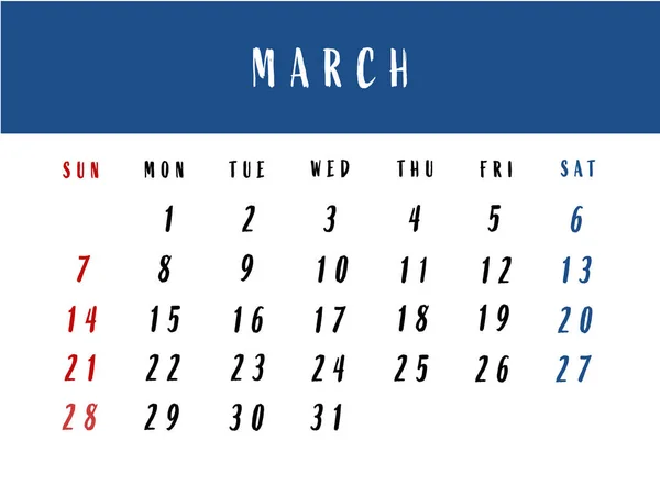 Calendario de marzo de 2021. Ilustración . —  Fotos de Stock