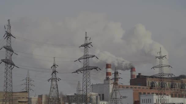 火力発電所煙突からの煙 エネルギー 青空を背景に煙突の煙 煙は工場の煙突から空に向かって上昇します — ストック動画