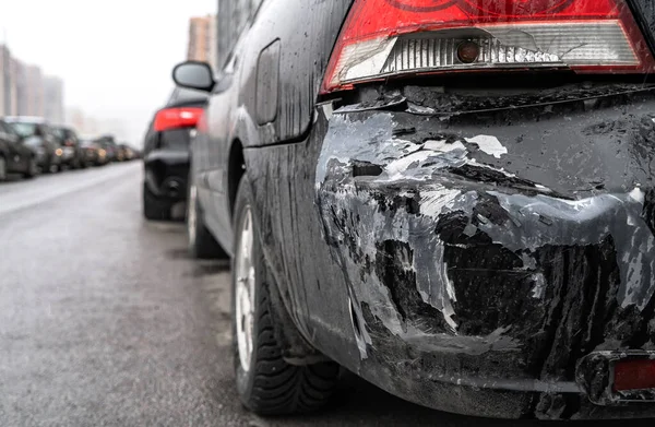 Розбитий Задній Бампер Автомобіля Після Аварії Крупним Планом Який Фокус Стокове Фото