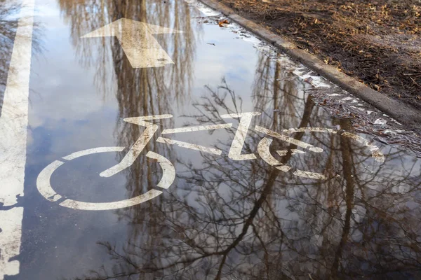 Bike path sign, puddles on the asphalt