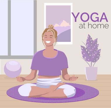 Evde yoga yapan genç bir kadın. Vektör illüstrasyonu
