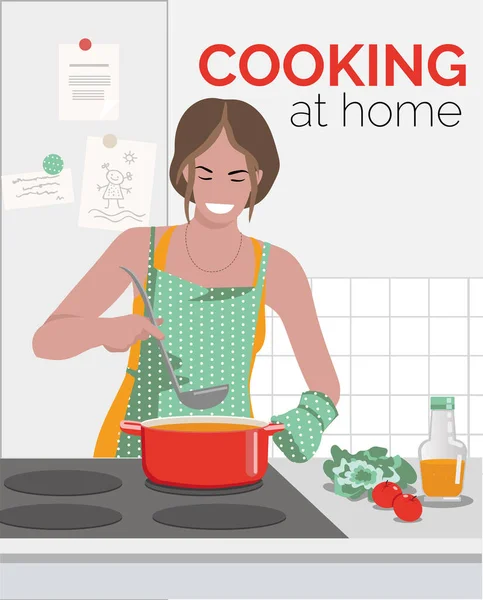Μια Νεαρή Γυναίκα Μαγειρεύει Στο Σπίτι Εικονογράφηση Διανύσματος — Διανυσματικό Αρχείο