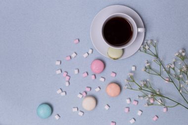 Sabah fincan kahve, pasta macaron ve çiçek yukarıdaki mavi masada. Güzel tatlı. Düz yatıyordu stili.