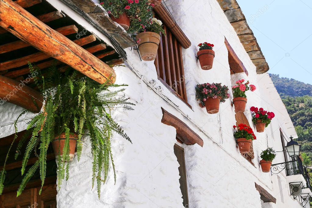 Clay pots with flowers weigh on the wall of a white house with a tiled roof in the old town of Capileira, Spain.