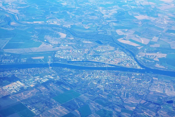 aerial view of town situated on the Danube riverside