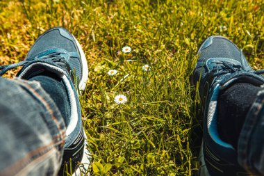 Papatyalarla çimenlerin üzerinde spor ayakkabıları