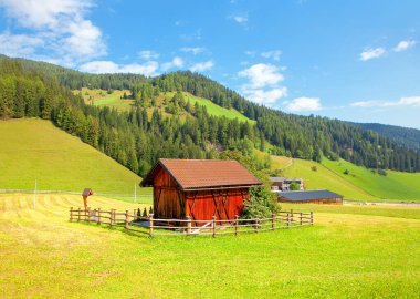 Yeşil tepedeki ahşap küçük ahır.