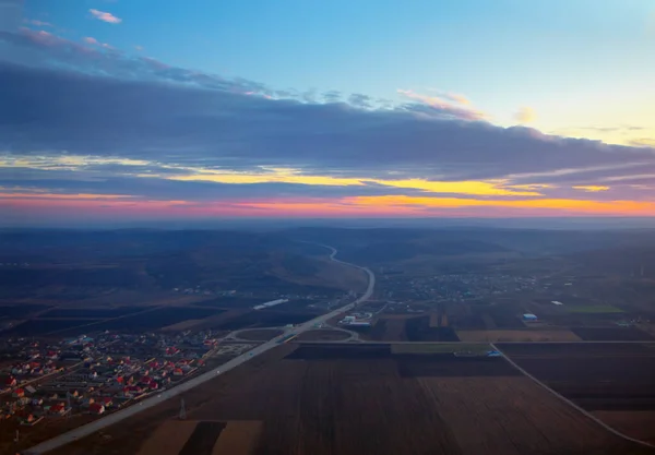 Vista Aérea Carretera Los Campos Agrícolas Crepúsculo — Foto de Stock