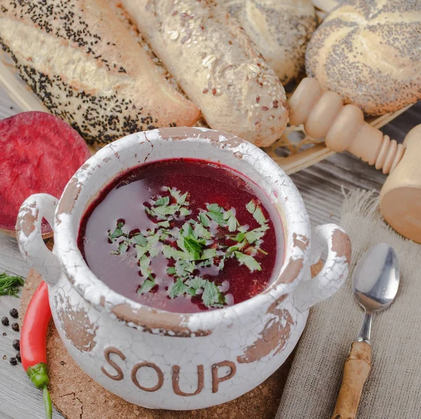 Borsch Ucraino Zuppa Barbabietole Minestra Borscht Polacco Con Orecchie Zuppa — Foto Stock