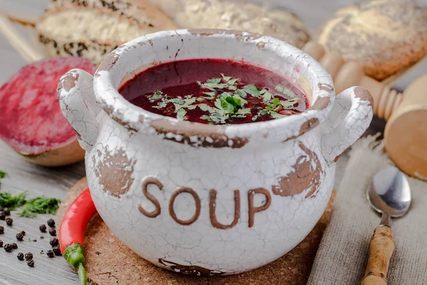 Borsch Ucraino Zuppa Barbabietole Minestra Borscht Polacco Con Orecchie Zuppa — Foto Stock