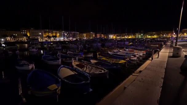 Маленькие лодки в порту Ниццы ночью — стоковое видео