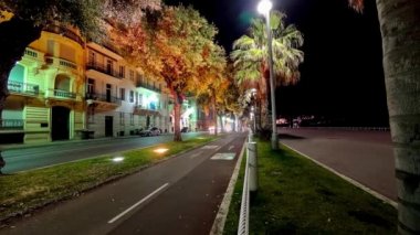 Gece güzel Fransa promenade üzerinde yeşil palmiye ağaçları Timelapse