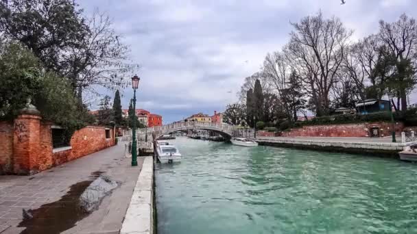 Водное такси и лодки курсируют по каналу между домами в Венеции — стоковое видео