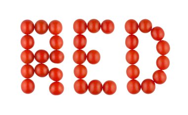 Kelime kırmızı beyaz zemin üzerine kırmızı domates yapılmış