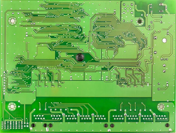 Closeup Pcb Green Board Top View Conductive Paths Mounting Holes — Stock Photo, Image