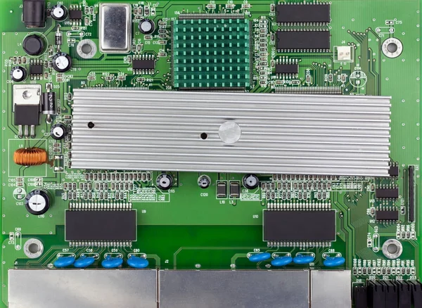 Ethernetový Přepínač Zelené Desky Pohled Shora Zelenou Pcb Použité — Stock fotografie
