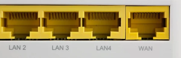 Nahaufnahme Zurück Von Wifi Router Lan Und Wan Ports Gibt — Stockfoto