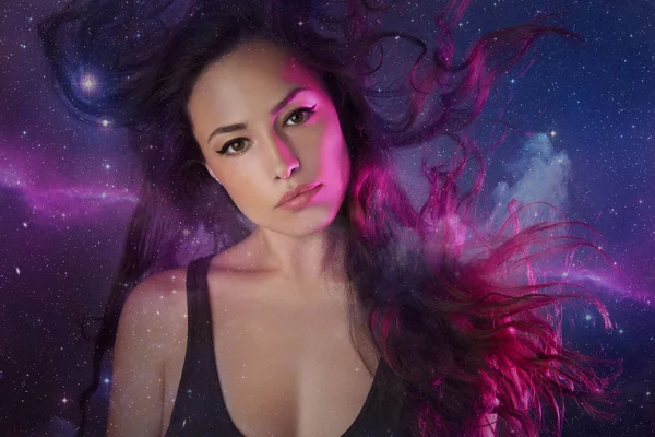 Beautiful fantasy woman among stars — Stock Photo, Image