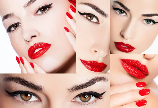 Eyeliner e labbra rosse, collage di bellezza — Foto Stock