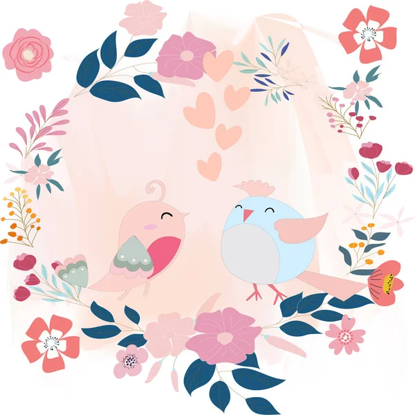 Niedliches Vogelpaar Blumengestell — Stockvektor