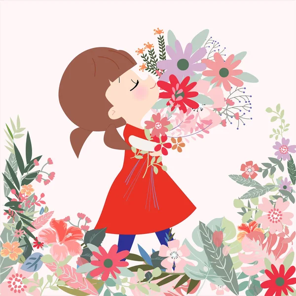 Linda Niña Dibujos Animados Ramo Flores — Vector de stock