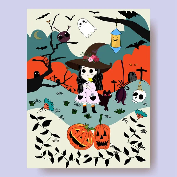 Cute Witch Cartoon Halloween Night — Stock Vector