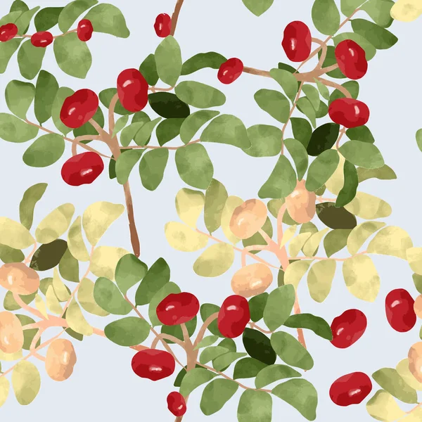 Zelená Dovolená Červené Třešně Bezešvé Vzor Ilustrační Vektor Podle Akvarel — Stockový vektor