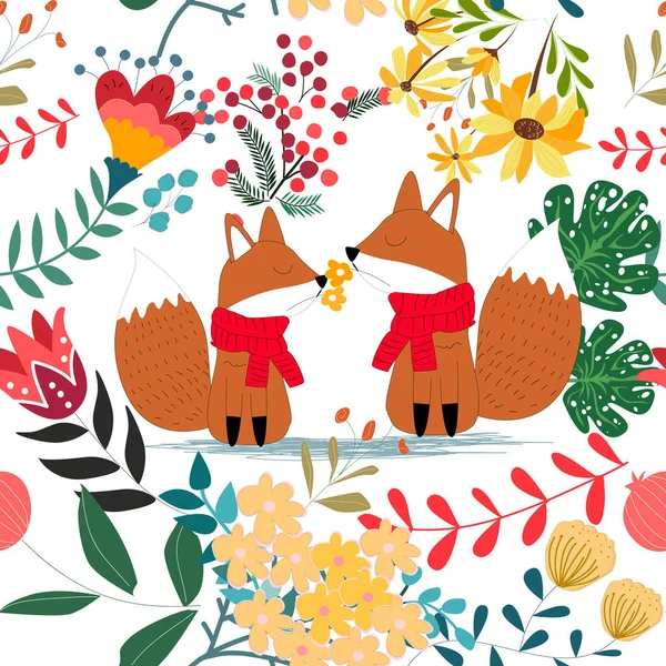 Cute Fox Para Kwiatowy Kwiat Bezszwowy Wzór Grafika Wektorowa