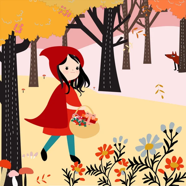 Χαριτωμένο Κορίτσι Την Κόκκινη Κουκούλα Στο Δάσος Διανυσματικά Γραφικά