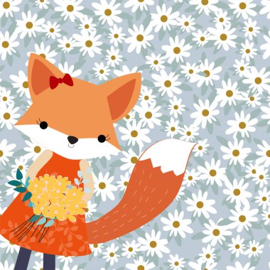 Bahar çiçeği bahçesinde şirin bir çizgi film bebek tilkisi.