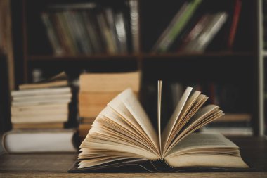 Masada kitap rafı ve eğitim konseptiyle birlikte açık bir kitap var.
