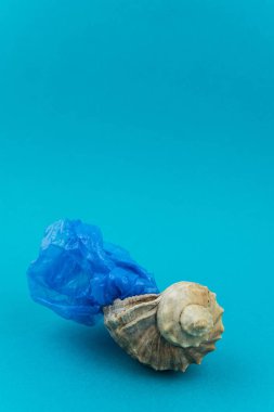 Okyanus konseptinde plastik kirliliği. Deniz kabuğunda taşıyıcı çantalar. Kötü ekoloji kavramında kabuklu deniz hayvanları.