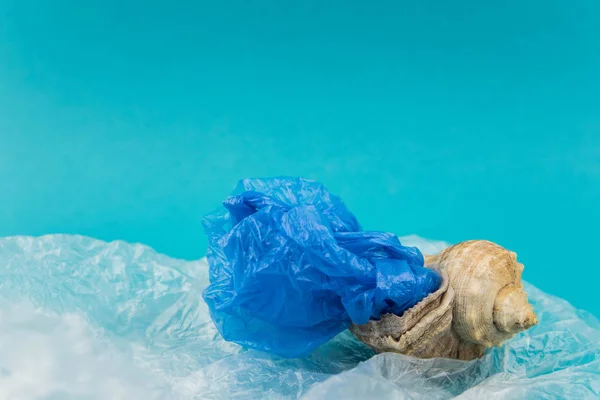 Plastic pollution in ocean concept. Carrier bags in sea shell. Shellfish in bad ecology concept.