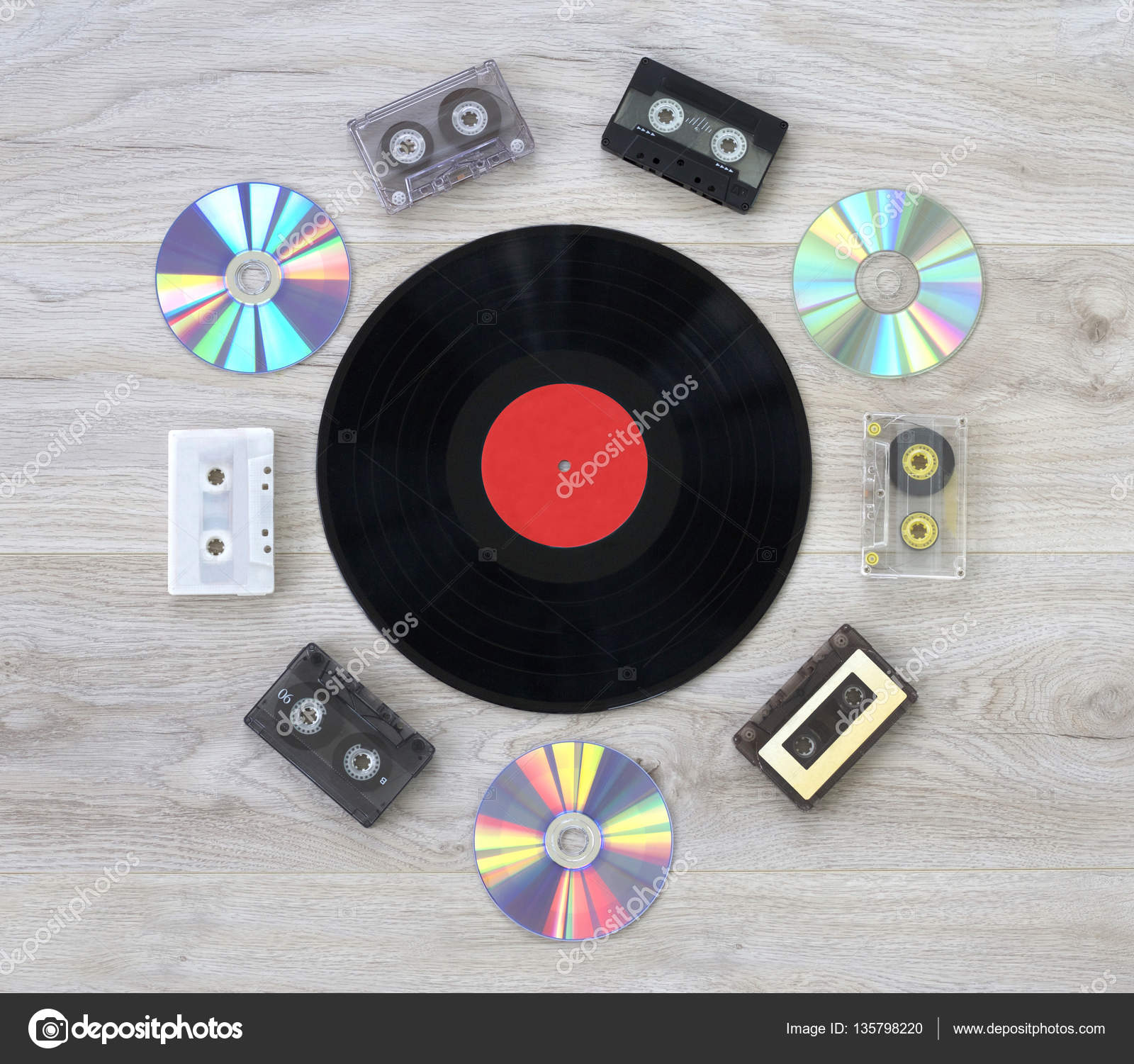 Different music records: vinyl, audio cassette, compact disk, reel