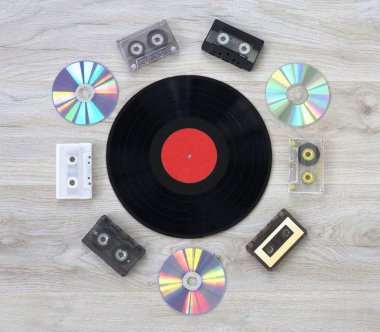 Retro, vinil plak disk, ses kaset ve cd