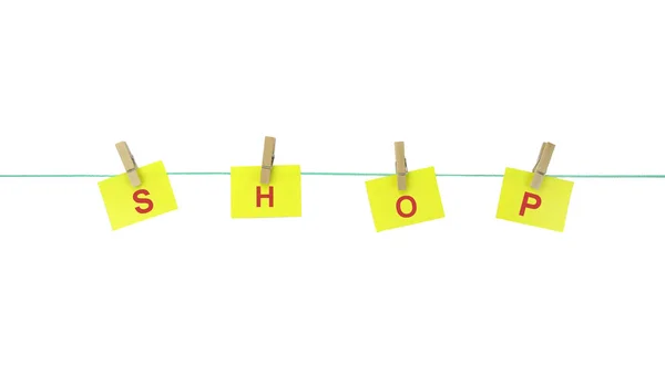 " SHOP " text on note papers hanging with pegs on rope — Stock Photo, Image