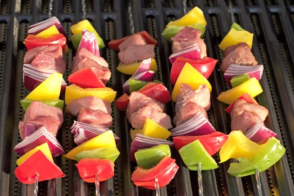 Churrasco. Kebab shish com pimentas, cebola — Fotografia de Stock