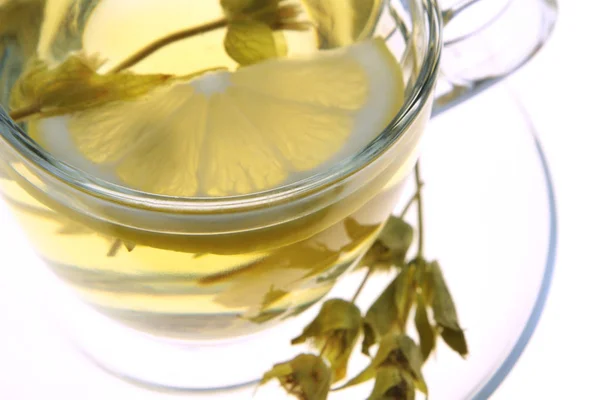 Herbal tea, sage leaves and lemon slice — Stock Photo, Image