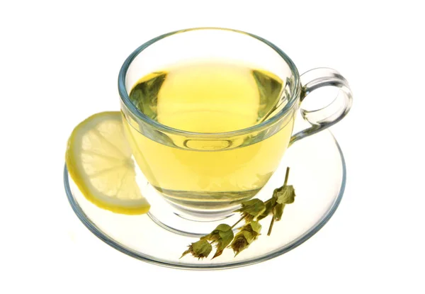 Herbal tea, sage leaves and lemon slice — Stock Photo, Image