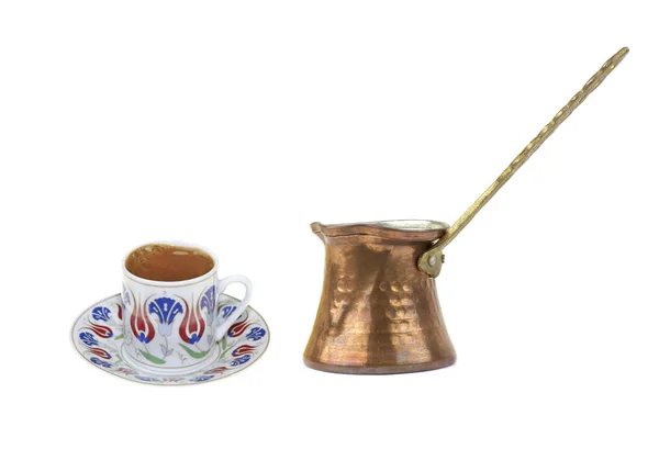 Turkish coffee with traditional ottomans motif cup and copper coffe pot — Stock Photo, Image