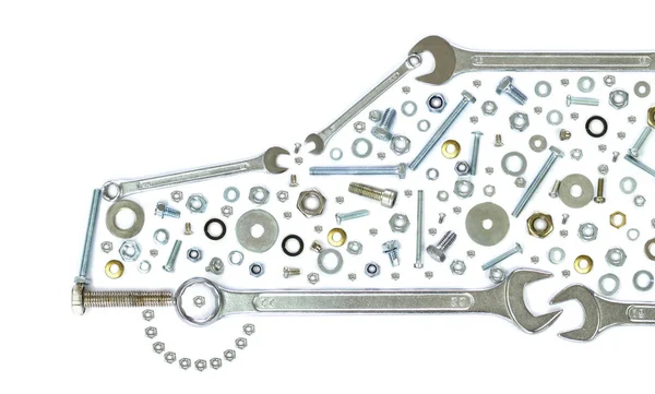 Wrenches, bolts, nuts, screws and washers . Conceptual image of like a car — Stock Photo, Image