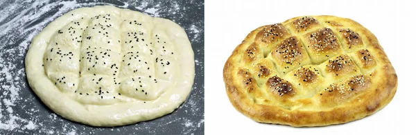传统的土耳其拉马丹皮塔面包（未烘焙和烘焙 ). — 图库照片