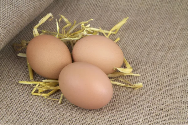 BIO vejce se slámou na pytlovina — Stock fotografie