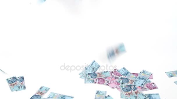 Τουρκική Λίρα τραπεζογραμμάτια βροχή σε λευκό φόντο (δοκιμάστε ή Tl) 100-200 Tl — Αρχείο Βίντεο